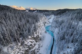 Wrangell-St. Elias Wrangell Mountains and the Kuskulana River, from the Kuskulana River Bridge, McCarthy Road, Winter, Alaska.
