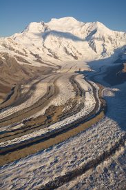 Mount Blackburn, over 16 390' high, sits atop the impressive Kennecott glacier, Wrangell-St. Elias National Park, Alaska - aerial photo.